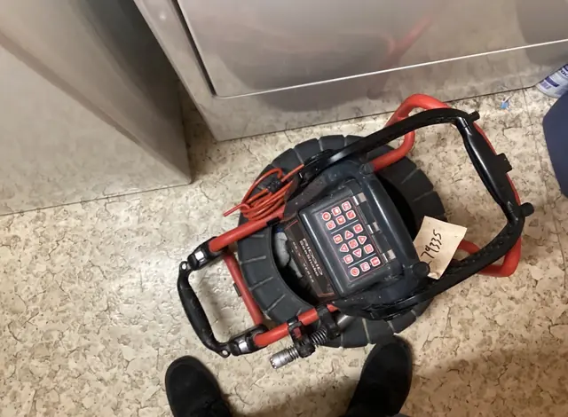 Sewer inspection camera reel on a laundry room floor
